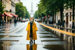 a fox in a yellow coat walking down a street. AI-Generated photo