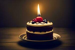 a small chocolate cake with a single candle on top. AI-Generated photo