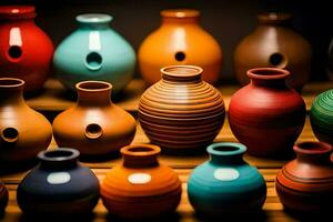 colorful vases are displayed on a table. AI-Generated photo