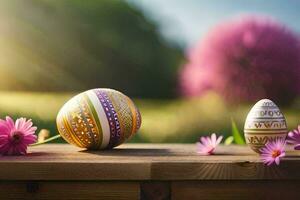 easter eggs on a wooden table with flowers. AI-Generated photo