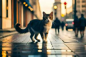 a cat walking on a city street at dusk. AI-Generated photo