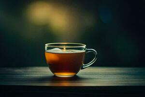 a cup of tea on a wooden table. AI-Generated photo