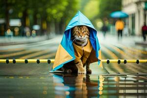 a cat in a raincoat on a wet street. AI-Generated photo