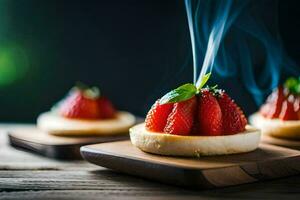 strawberries on a wooden tray with smoke coming out of them. AI-Generated photo