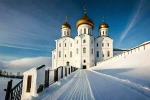 a white church with golden domes on top of a snowy hill. AI-Generated photo