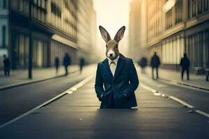 a rabbit wearing a suit and tie in the middle of a city street. AI-Generated photo