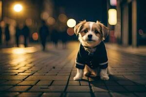 a small dog wearing a black shirt on a street at night. AI-Generated photo