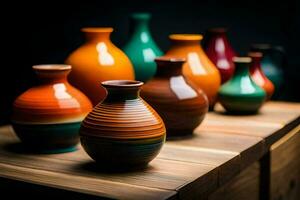 a row of colorful vases on a wooden table. AI-Generated photo