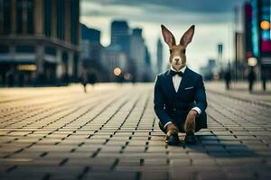 un Conejo vistiendo un traje y Corbata sentado en el suelo. generado por ai foto