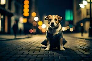 un perro en un traje sentado en el suelo en un ciudad. generado por ai foto