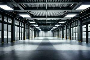 an empty warehouse with lots of windows and lots of light. AI-Generated photo