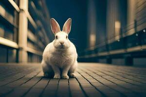 un blanco Conejo sentado en un ladrillo piso. generado por ai foto