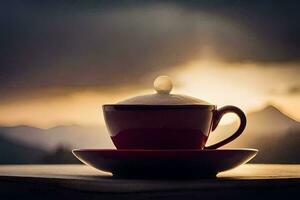 a cup of coffee on a table with mountains in the background. AI-Generated photo