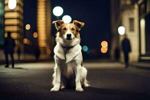 a dog sitting on the street at night. AI-Generated photo