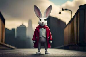 a white rabbit in a red coat and tie. AI-Generated photo