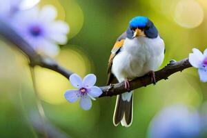 a small bird sitting on a branch with purple flowers. AI-Generated photo