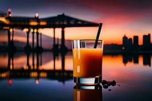 a glass of orange juice with a bridge in the background. AI-Generated photo