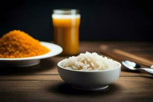 a bowl of rice and a glass of orange juice. AI-Generated photo