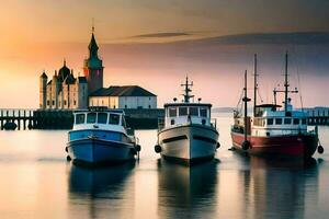 three boats are docked in front of a church. AI-Generated photo