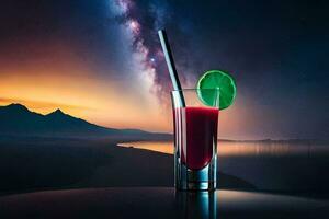 a glass of red drink with a straw and a sunset in the background. AI-Generated photo