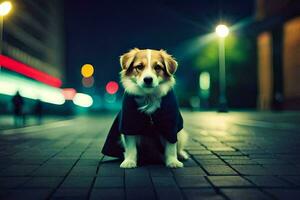 a dog wearing a coat on the street at night. AI-Generated photo