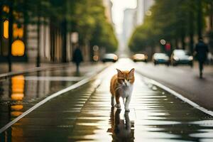 a cat walking on a wet street in the city. AI-Generated photo