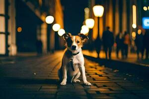 a dog sitting on the sidewalk at night. AI-Generated photo