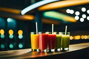 four glasses of juice on a bar. AI-Generated photo