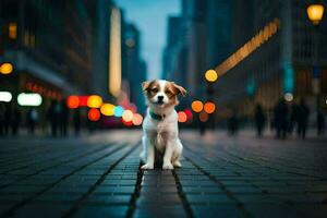 a dog sitting on the street in front of a city. AI-Generated photo