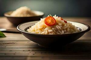 a bowl of rice with tomatoes and a spoon. AI-Generated photo