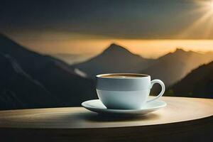 coffee cup on the table, mountain, sunrise, sunrise, sunrise, the sun, the. AI-Generated photo