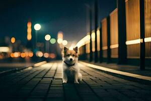 a dog sitting on the street at night. AI-Generated photo