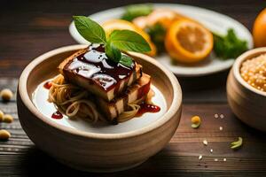 a bowl of noodles with sauce and a slice of tofu. AI-Generated photo