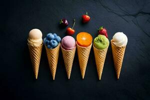 cinco hielo crema conos con diferente tipos de fruta. generado por ai foto