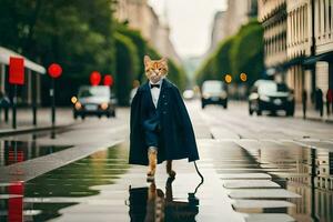 un gato en un traje caminando en un mojado calle. generado por ai foto