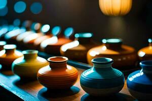 a row of colorful vases on a table. AI-Generated photo