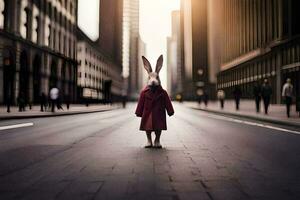 a rabbit wearing a red coat standing in the middle of a city street. AI-Generated photo