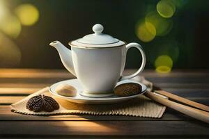 a teapot and saucer on a wooden table. AI-Generated photo