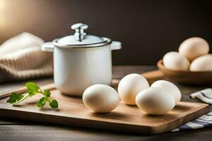eggs on a cutting board. AI-Generated photo