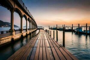 a wooden pier with boats docked at the end. AI-Generated photo