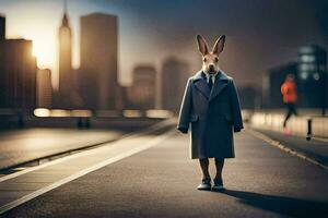 un Conejo en un traje y Corbata en pie en un calle. generado por ai foto