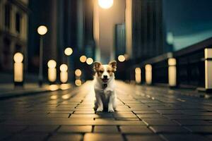 un perro en pie en un calle a noche. generado por ai foto