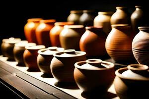 a row of brown clay pots on a table. AI-Generated photo