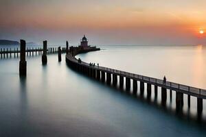 a long exposure photograph of a pier with a lighthouse at sunset. AI-Generated photo