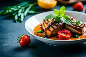 grilled salmon with tomato sauce and fresh strawberries. AI-Generated photo