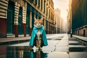 a cat wearing a blue cape standing on a street. AI-Generated photo