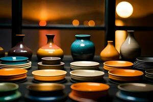 a collection of colorful ceramic bowls and vases. AI-Generated photo