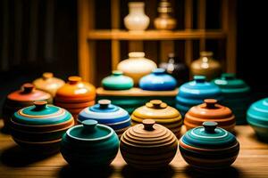 a row of colorful vases on a wooden table. AI-Generated photo