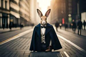 a rabbit dressed in a suit and tie sits on the street. AI-Generated photo