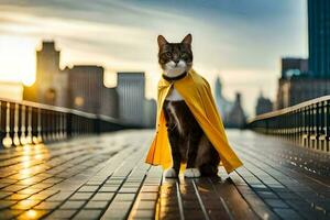 a cat wearing a yellow cape on a bridge. AI-Generated photo